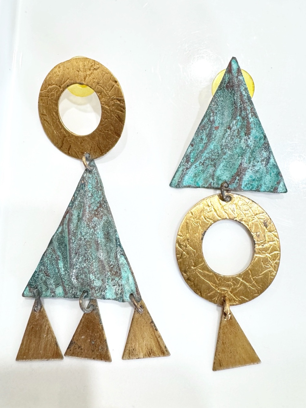 80s Patina Blue Gold Geometric Articulating Drop Earrings Vintage Women Jewelry